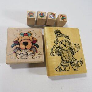 Christmas (6) Rubber Stamps Wood Mounted Reindeer, Teddy Bear, Tiny Stamps